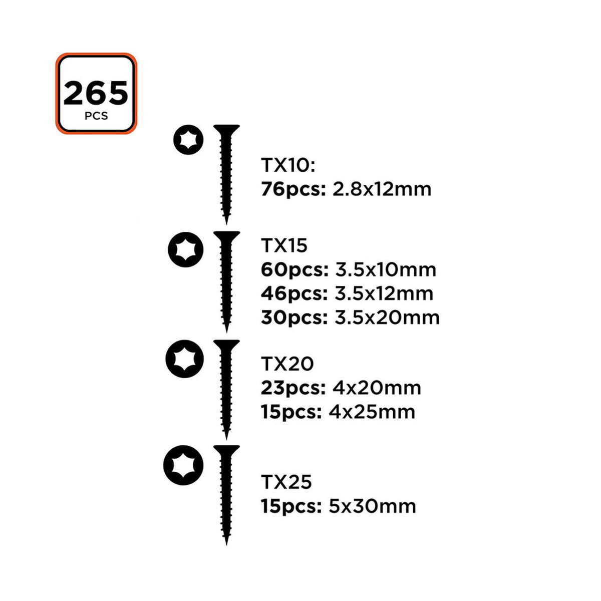 Комплект винтове Black & Decker Torx 265 Части